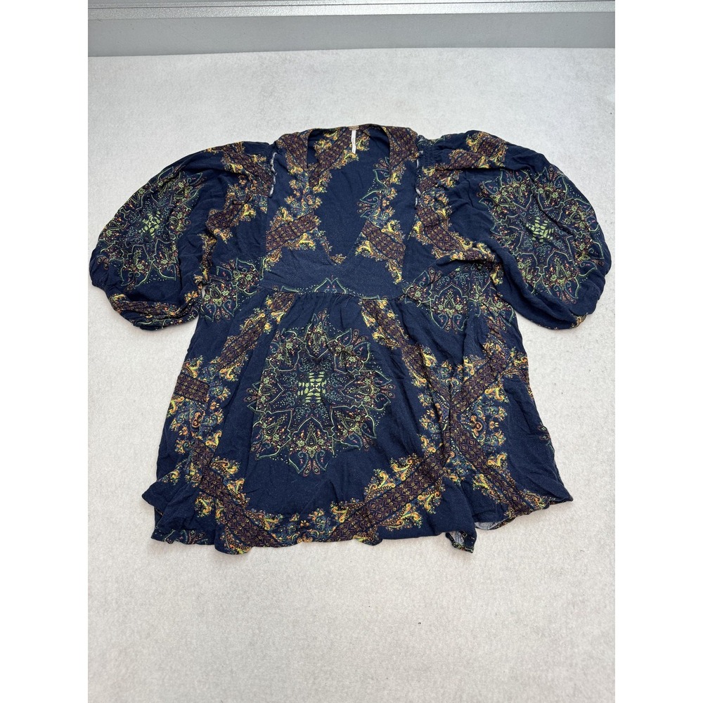 Free People Girl Talk Blouse Women's Small Navy Blue Paisley Boho Tunic Top